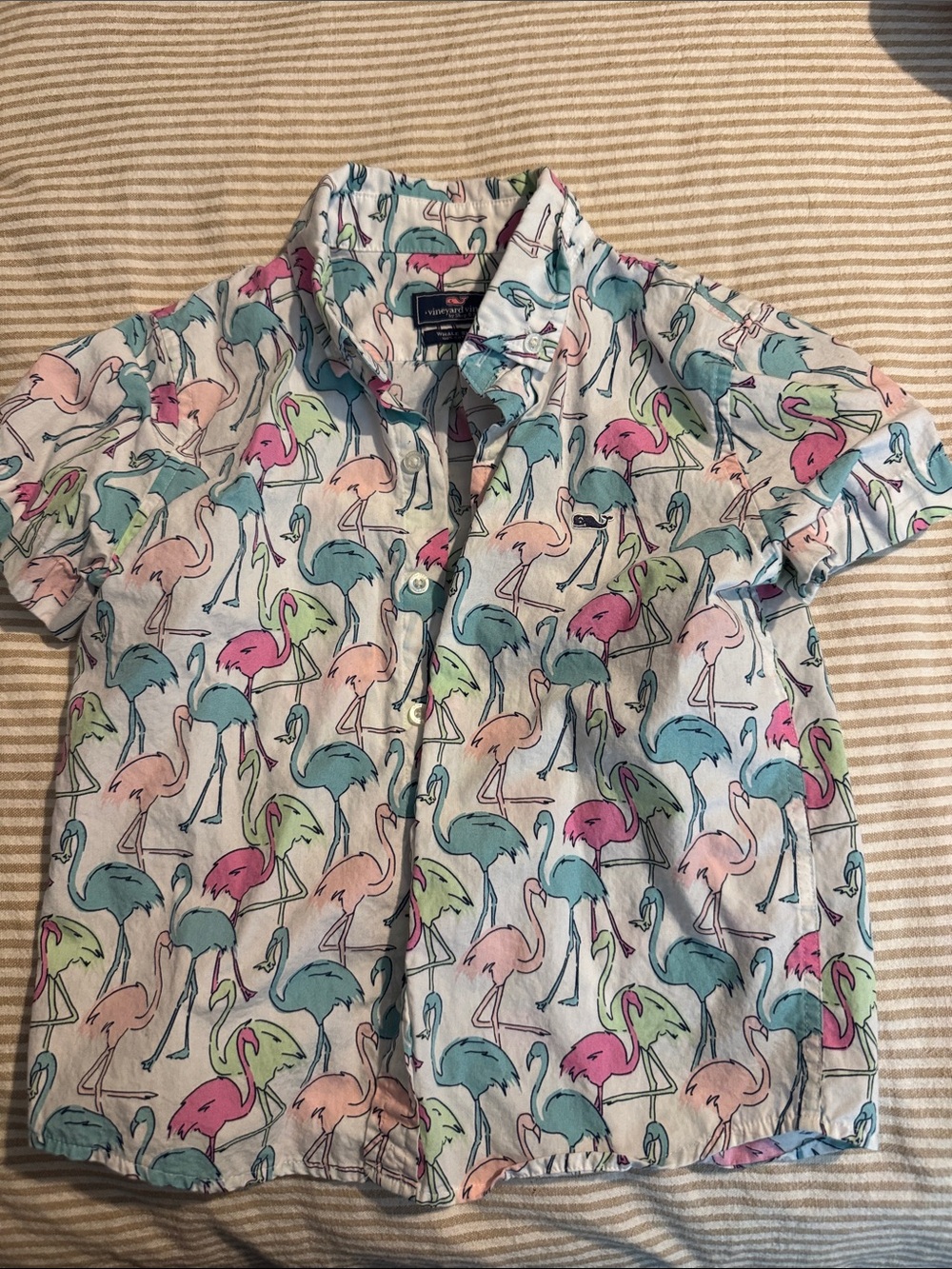 Vineyard Vines Kids Flamingo Print Button-Down Shirt in Pastel Pink, Blue, Green